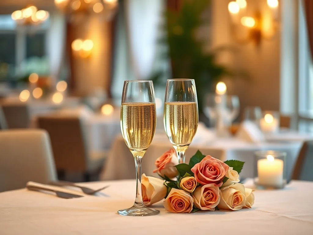 Elegancko nakryty stół z szampanem i różami w romantycznej restauracji, idealny na obchody rocznicy ślubu.