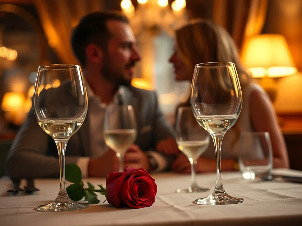 Romantycznie nakryty stół z kieliszkami wina i różą, przy którym para świętuje rocznicę ślubu w nastrojowej restauracji.