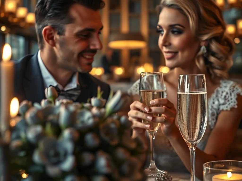 Elegancka para świętująca 11. rocznicę ślubu przy szampanie, z bukietem stalowych kwiatów na pierwszym planie.