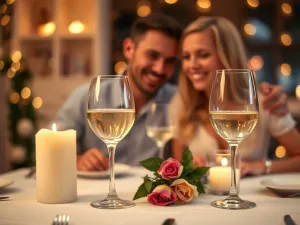 Romantycznie nakryty stół z kieliszkami wina i różą, przy którym para świętuje rocznicę ślubu w nastrojowej restauracji.