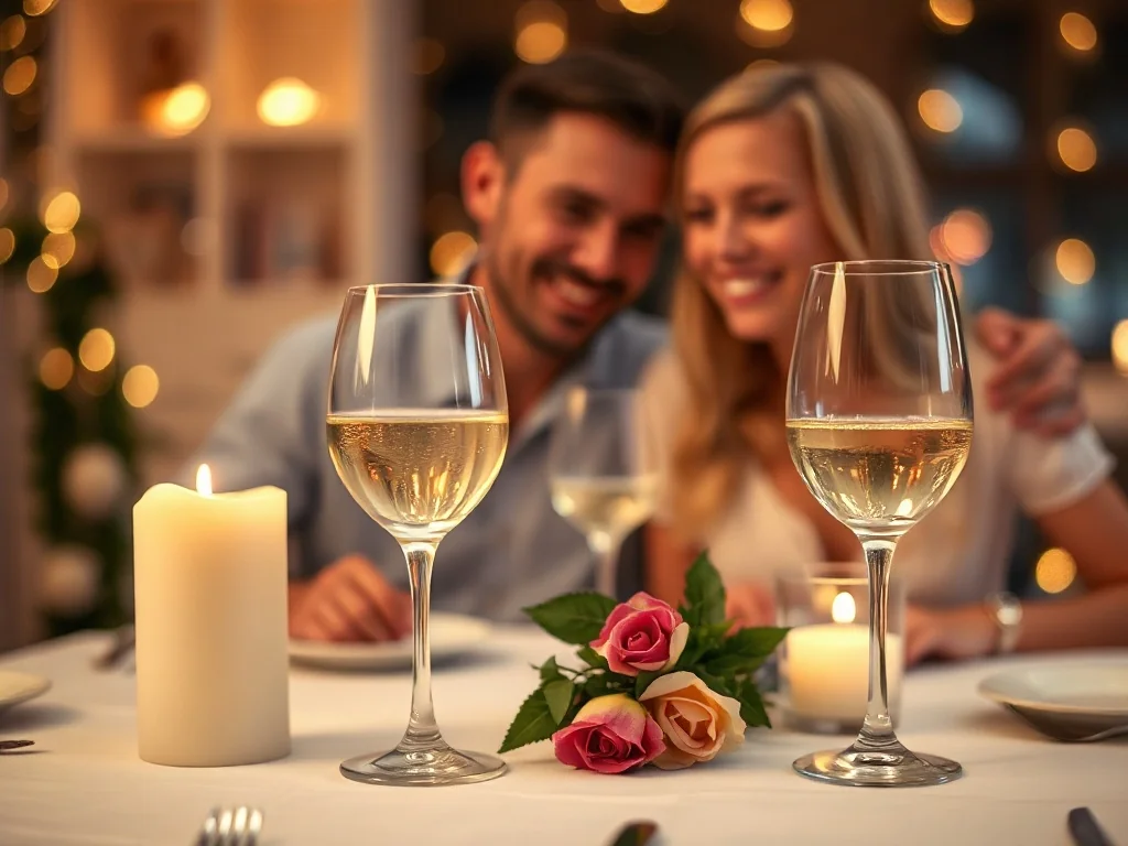 Romantyczna kolacja przy świecach z winem i kwiatami, w tle szczęśliwa para świętująca rocznicę ślubu.