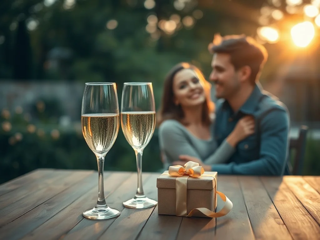 Romantyczny stół w ogrodzie z kieliszkami szampana i prezentem, symbolizujący świętowanie rocznicy ślubu.