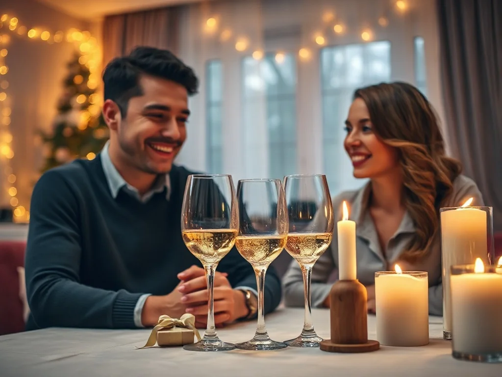 Szczęśliwa para świętująca rocznicę przy romantycznej kolacji z winem i prezentem w przytulnym, nastrojowym wnętrzu.