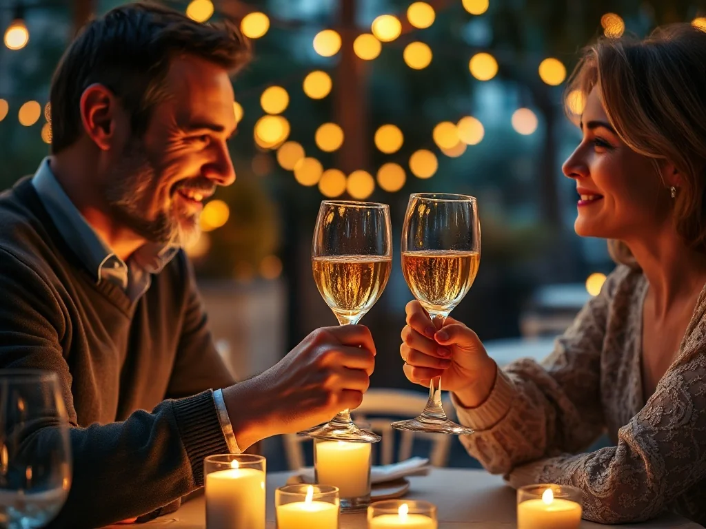 Para w średnim wieku świętuje rocznicę ślubu, wznosząc toast kieliszkami wina przy romantycznej kolacji w ogrodzie.