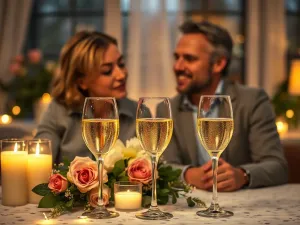 Szczęśliwa para świętująca rocznicę ślubu przy romantycznej kolacji z szampanem i bukietem kwiatów w przytulnej restauracji.