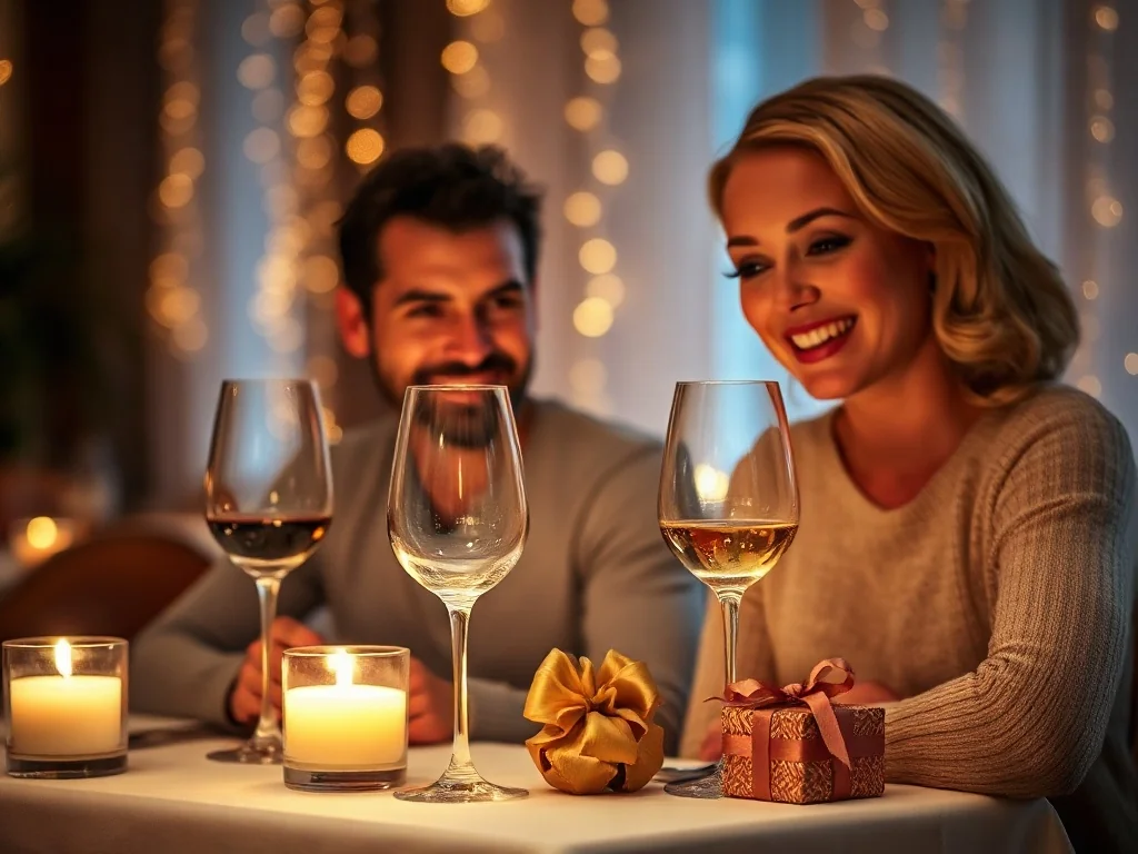 Szczęśliwa para świętująca rocznicę ślubu przy romantycznej kolacji z prezentem i winem w eleganckiej restauracji.