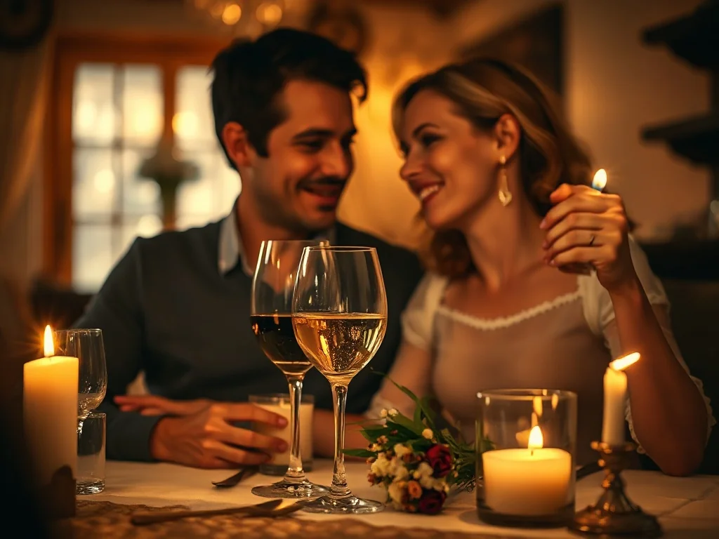 Para świętująca siódmą rocznicę ślubu przy romantycznej kolacji w blasku świec, z winem i bukietem kwiatów na stole.