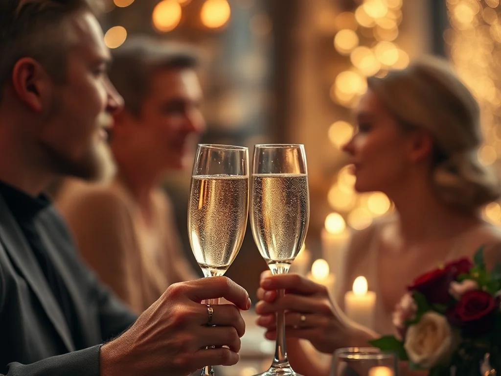 Para świętująca rocznicę ślubu, wznosząca toast kieliszkami szampana w romantycznej, nastrojowej scenerii przy świecach.