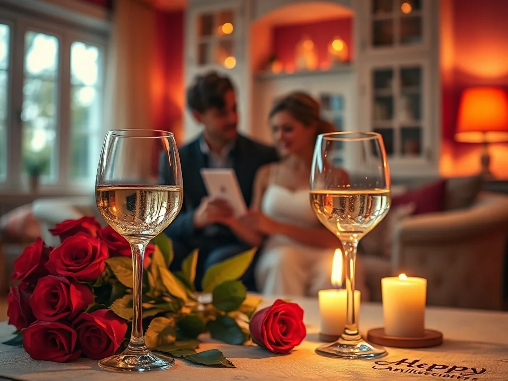 Elegancko nakryty stół z winem, świecami i różami, tworzący romantyczną atmosferę podczas kolacji rocznicowej.