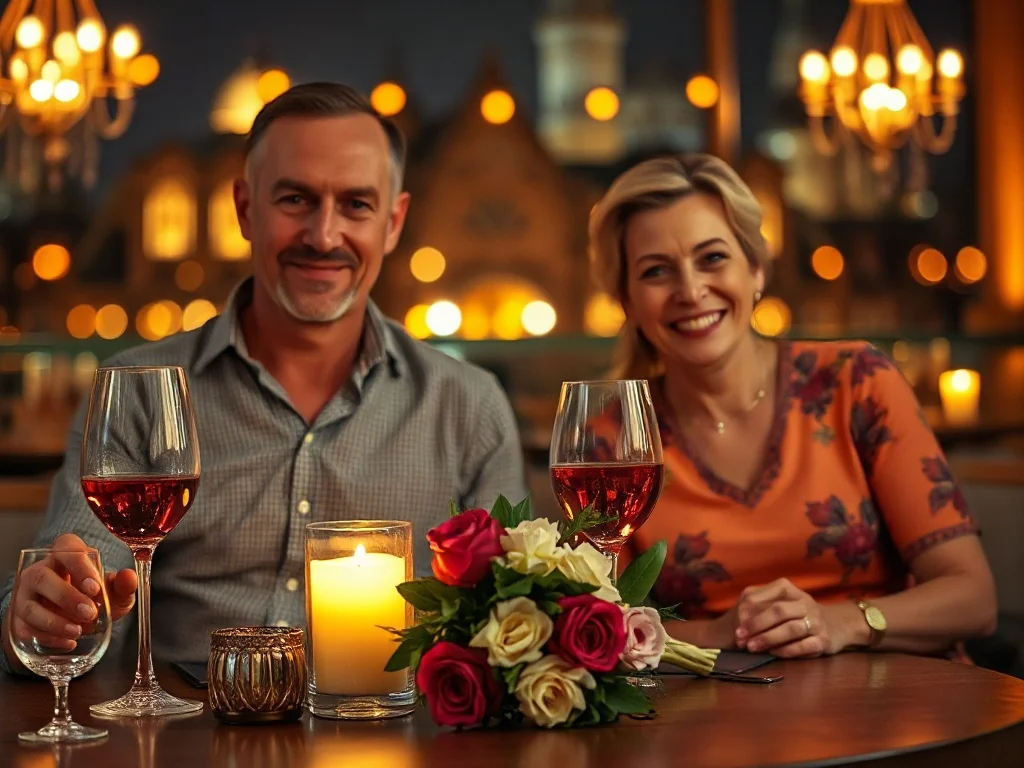 Para w średnim wieku świętująca rocznicę ślubu podczas romantycznej kolacji przy świecach w eleganckiej restauracji.